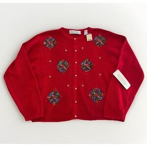 VTG Karen Scott Red Silk Angora Rhinestone Beaded Cardigan PL Holiday Jewels 90s